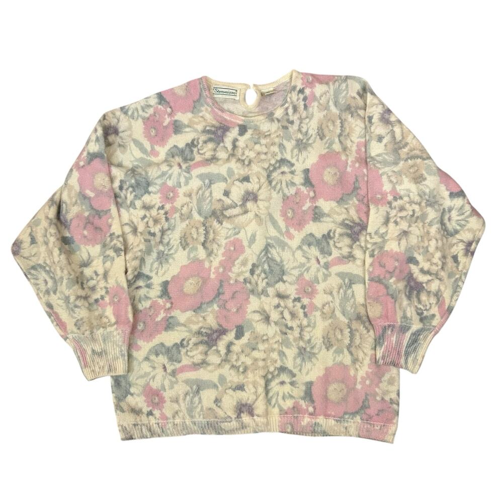 Vintage Angora Lambswool Pullover Sweater Womens Medium Pastel Floral Pink